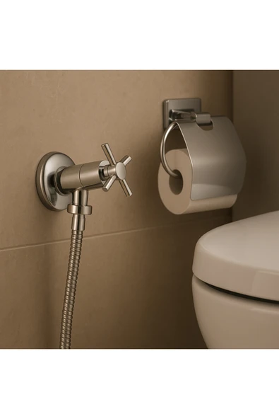 4 Çubuk Paslanmaz Krom Taharet Musluğu (Aç-Kapa) 5 Yıl Garantili + 3/8 - 3/8 50 cm Flex Hortum Hediyelii ürün görseli 1