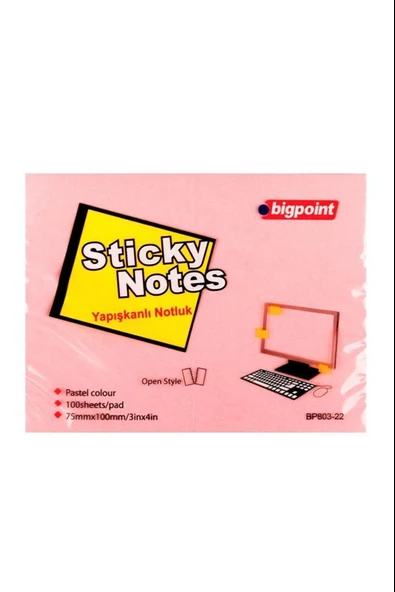 Bigpoint Yapışkanlı Not Kağıdı 75X100 Mm Pembe Bp803-22 (12 Li Paket) ürün görseli 1