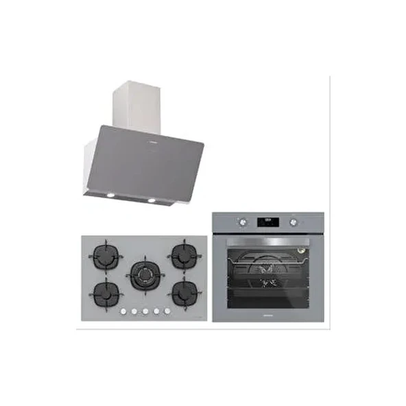 Silverline Soho 80 cm Gri Ankastre Set Gazlı Ocak ve Eğimli Davlumbaz ile 6 Fırın Programı ürün görseli 1