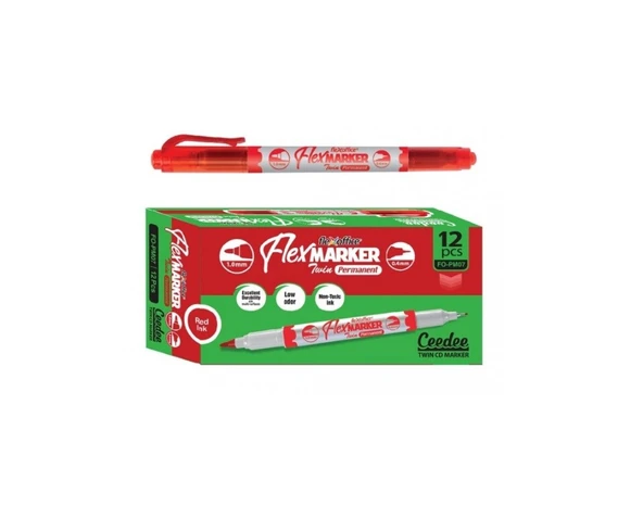 Flexoffice Permanent Marker Kalem Çift Taraflı Kırmızı Mürekkep Fo-Pm07 (12 Li Paket) ürün görseli 1