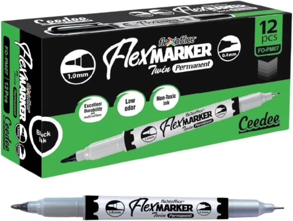 Flexoffice Permanent Marker Kalem Çift Taraflı Siyah Mürekkep Fo-Pm07 (12 Li Paket) ürün görseli 1