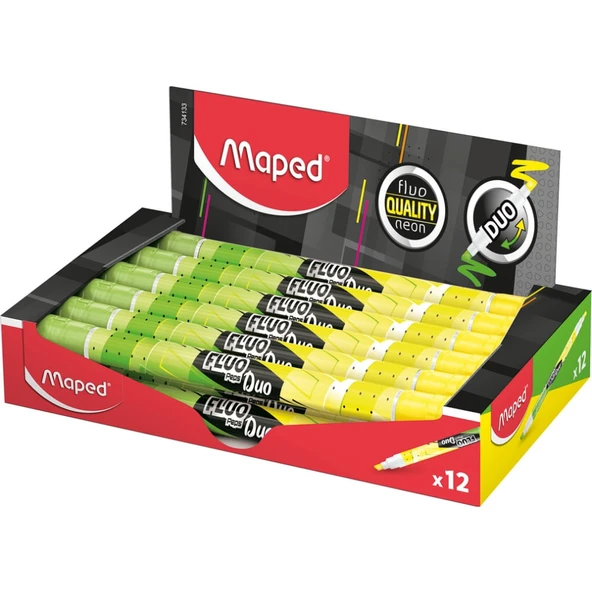 Maped Çift Uçlu Fosforlu Kalem (İşaret Kalemi) Fluo Duo Sarı-Yeşil 734133 (12 Li Paket) ürün görseli 1