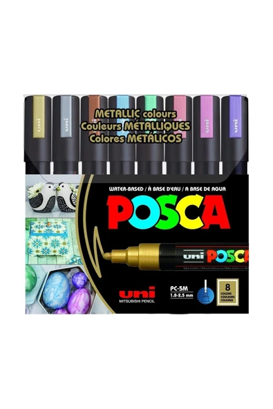Uni-Ball Posca Markör Boyama Kalemi Su Bazlı 1.8-2.5 Su Bazlı Poster Markörü Metalik 8 Renk ürün görseli 1
