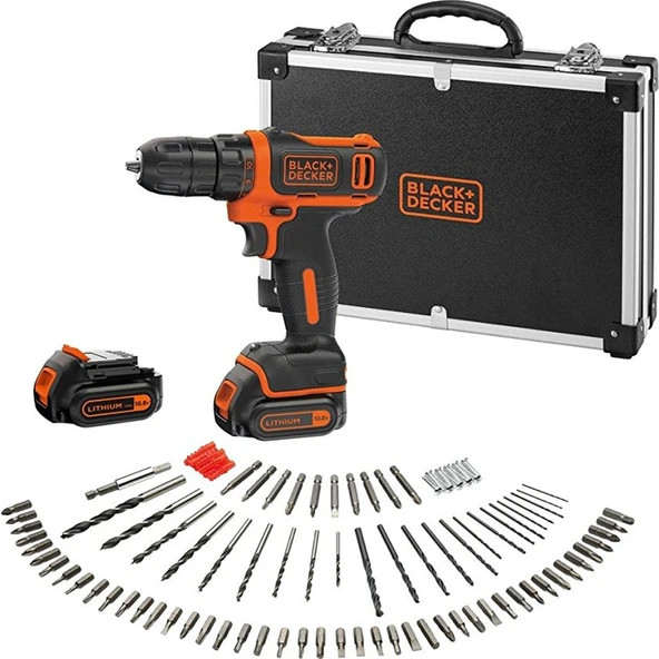 Black & Decker BDCDD12BAFC-QW 10.8V Şarjlı Matkap Vidalama – 1.5Ah Li-Ion, Taşıma Çantalı, 100 Parça Aksesuar Seti ürün görseli 1