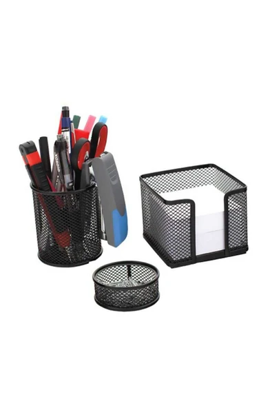 Bafix Masa Seti Ataşlık-Kağıtlık-Kalemlik 3 Lü Metal Perforeli Set Siyah Bfx-Mms9801S ürün görseli 1