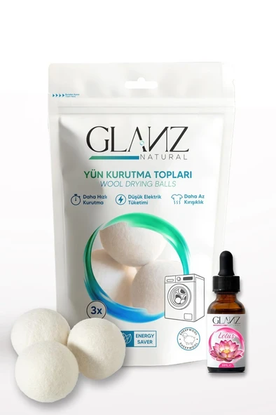 Glanz 3 Adet Yün Keçe Çamaşır Kurutma Topu 7 - 8 CM + 30ml Esans Koku Hediye - Doğal Ürün ürün görseli 1