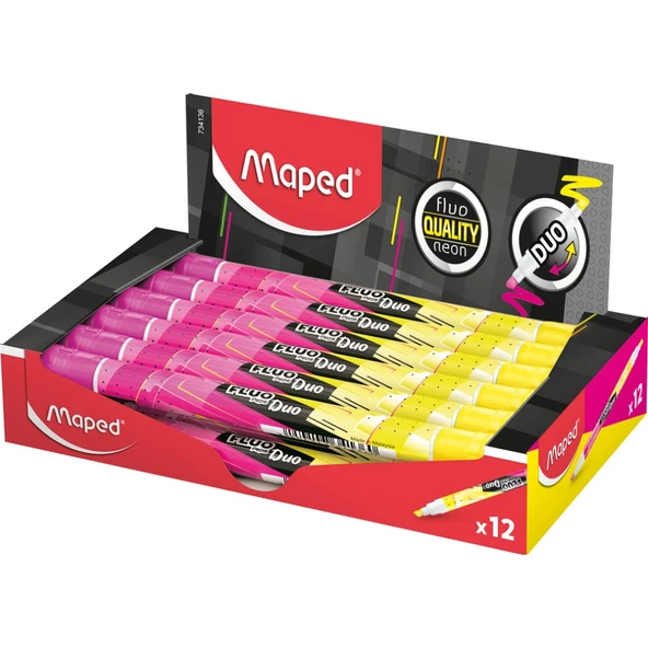 Maped Çift Uçlu Fosforlu Kalem (İşaret Kalemi) Fluo Duo Sarı-Pembe 742531 (12 Li Paket) ürün görseli 1