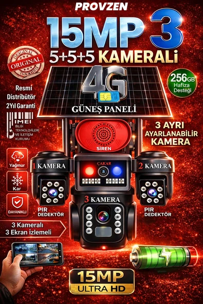 4 Kameralı Çift Solarlı 4G Güneş Enerjili PTZ Güvenlik Kamerası 15MP 4 Lens PIR İnsan Algılama IP66 ürün görseli 1