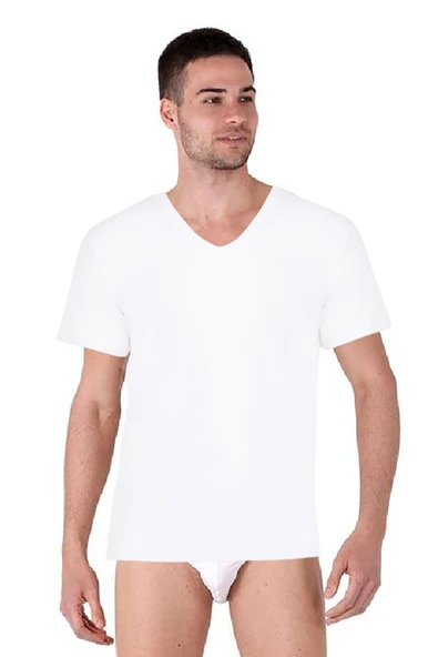 Thermoform Bambu Erkek V Yaka Tişört Kısa Kollu Fanila Atlet ve Slip Külot Seti Beyaz ürün görseli 1