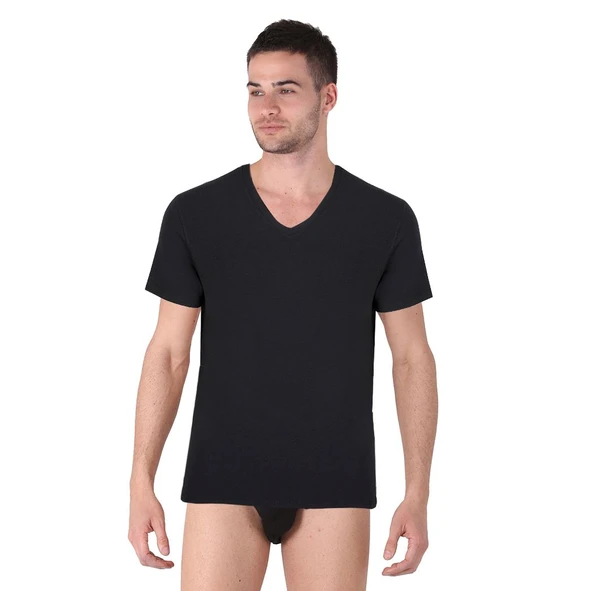Thermoform Bambu Erkek V Yaka Tişört Kısa Kollu Fanila Atlet ve Slip Külot Seti Siyah ürün görseli 1