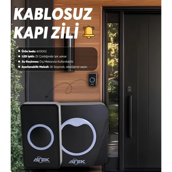 Siyah Kablosuz Su Geçirmez Kapı Zili ürün görseli 1