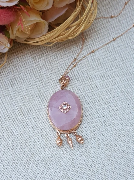 Pembe Kuvars Taşlı El Yapımı Gümüş Kolye - Resim 3