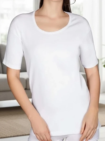 Bicomi Pamuklu Ribana Geniş Yaka Kısa Kol Fanila T-Shirt ürün görseli 1