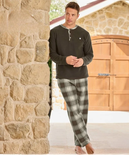 Pijamoni Erkek Düğme Yaka Kışlık Polar Pijama Takımı 6100/5 - 1 Adet  M Haki ürün görseli 1