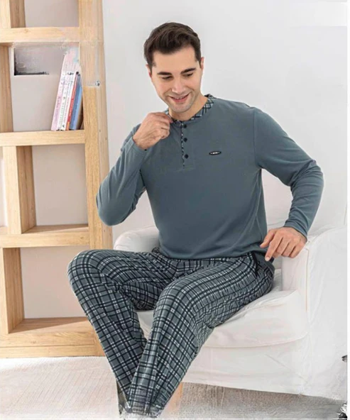 Pijamoni Erkek Düğme Yaka Kışlık Mikrosoft Likralı Pijama Takımı 6410/9 - 1 Adet  M Gri ürün görseli 1