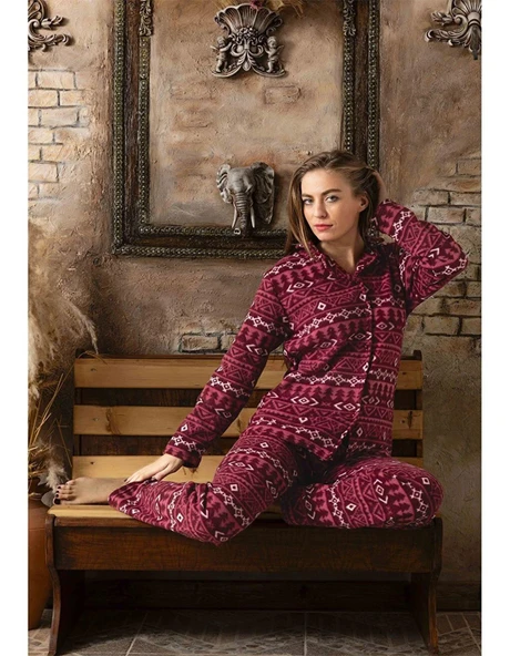 Sude Kadın Gömlek Yaka Polar Pijama Takımı M901 - 1 Adet  Mürdüm S ürün görseli 1
