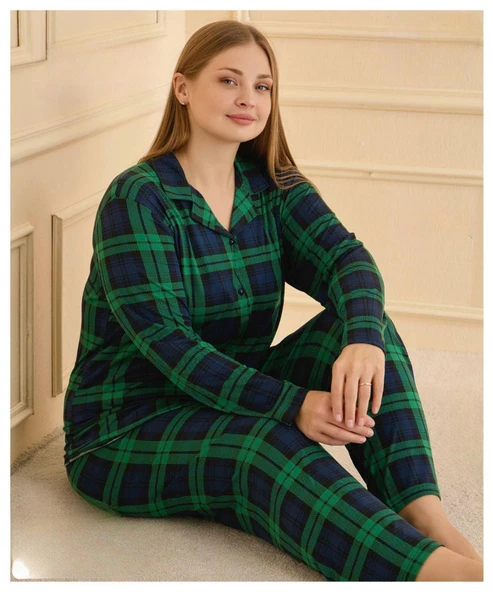 Mihra Kadın Milan Büyük Beden Gömlek Yaka Uzun Kol İnce Pijama Takımı 50801L- 1 Adet  4XL Lacivert ürün görseli 1