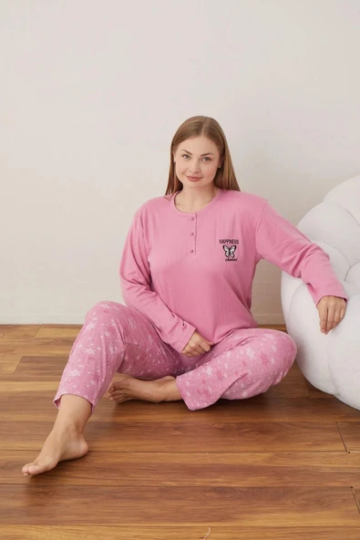 Lindros Kadın Pamuklu Düğme Yaka Raporlu İnterlok Battal Pijama Takımı 05110 - 1 Adet  Pembe 3XL ürün görseli 1