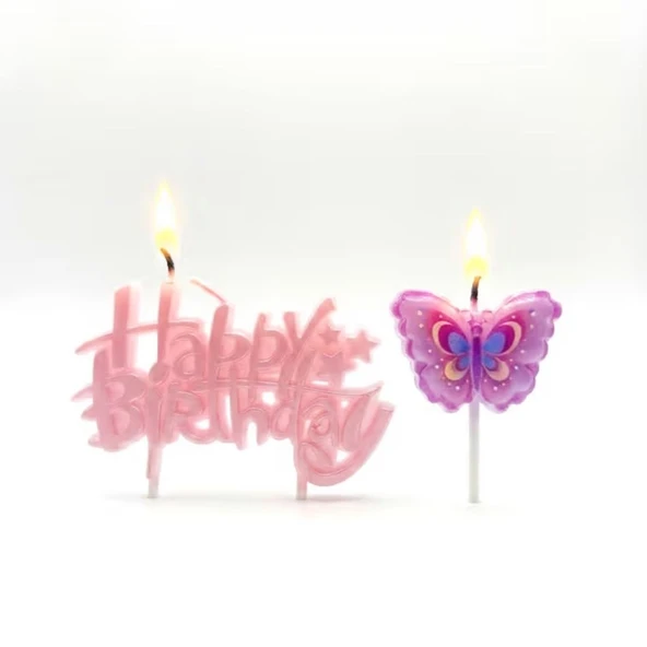 Pembe Happy Birthday Kelebekli Mum Set ürün görseli 1