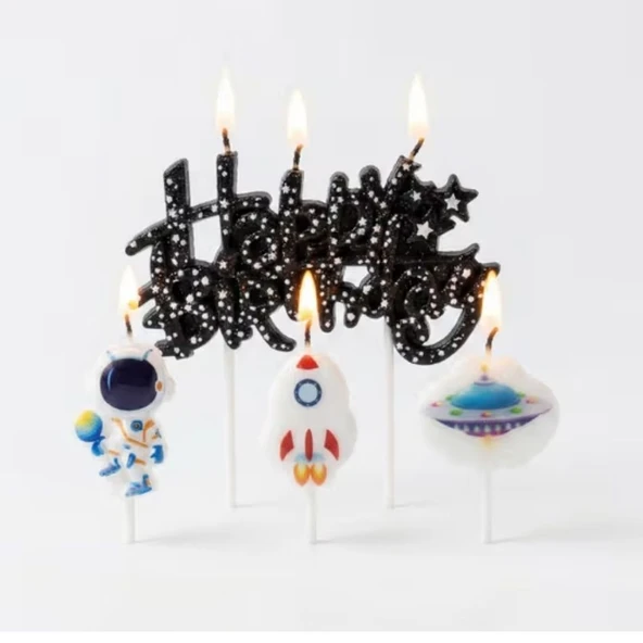 Uzay Teması Happy Birthday 3lü Mum Set ürün görseli 1
