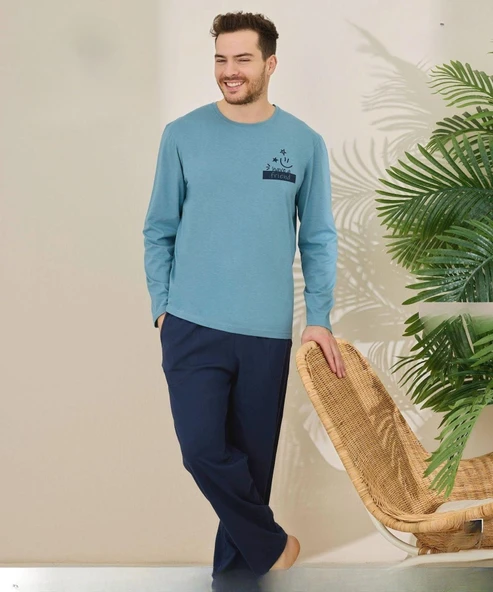 Pijamoni Erkek Pamuklu Bisiklet Yaka Uzun Kol İnce Pijama Takımı 6150/4 - 1 Adet  M Açık Mavi ürün görseli 1
