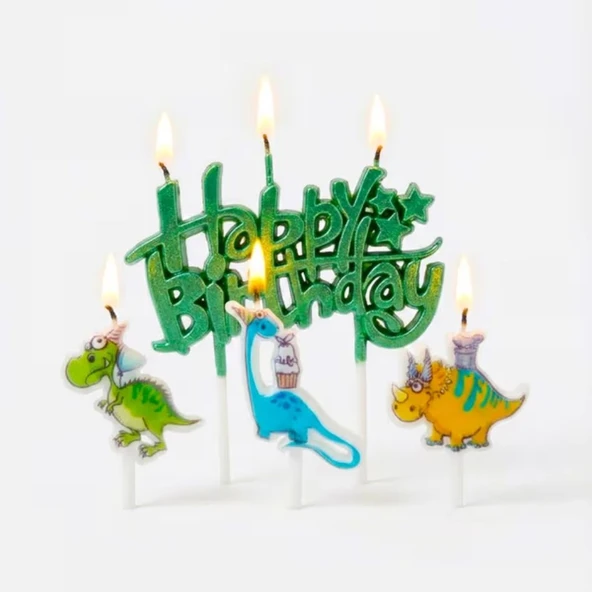 Yeşil Happy Birthday Dinozor 3lü Mum ürün görseli 1