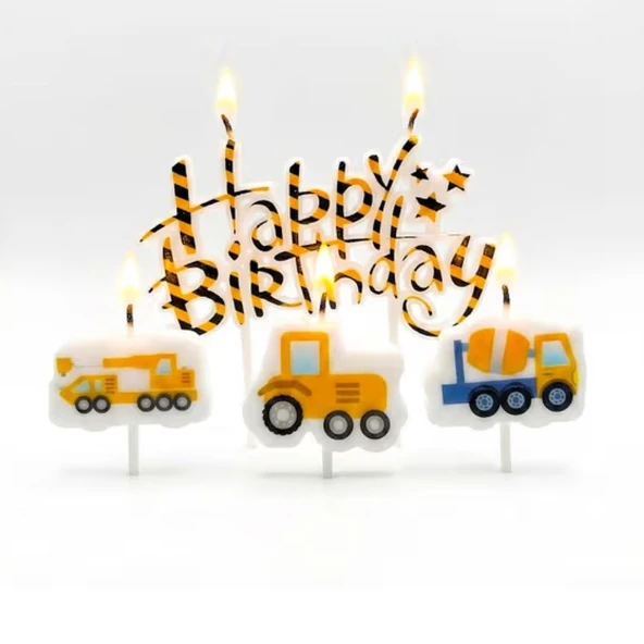 İnşaat Teması İş Makineleri Happy Birthday 3lü Mum Set ürün görseli 1