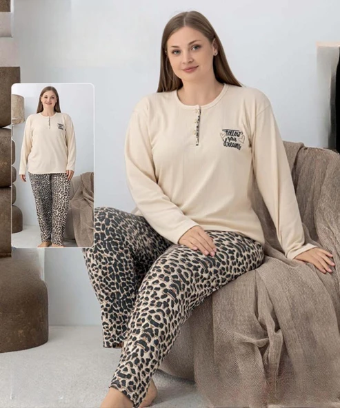 Lindros Kadın Pamuk'lu Düğme Yaka Raporlu İnterlok KIŞLIK Battal Pijama Takımı 05160 - 1 Adet   Ekru 5XL ürün görseli 1