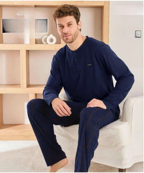 Pijamoni Erkek Düğme Yaka Kışlık Mikrosoft Likralı Pijama Takımı 6410/4 - 1 Adet  M Lacivert ürün görseli 1