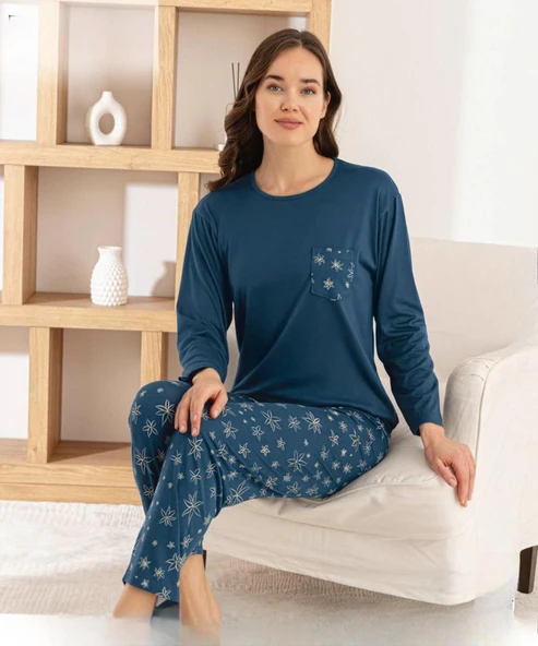Pijamoni Kadın Milan Bisiklet Yaka Uzun Kol İNCE Pijama Takımı 7575/1 - 1 Adet  XL Petrol ürün görseli 1