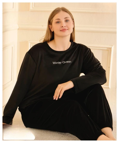 Mihra Kadın Kışlık Bisiklet Yaka Kadife Battal Pijama Takımı 13214S - 1 Adet  4XL Siyah ürün görseli 1