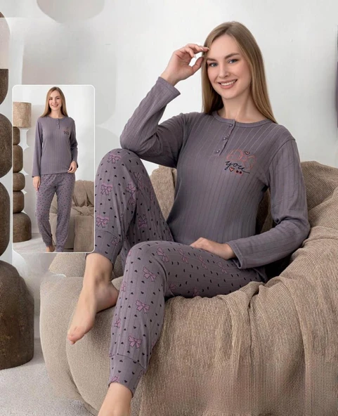 Lindros Kadın Pamuk'lu Düğme Yaka Raporlu İnterlok KIŞLIK Pijama Takımı 0274 - 1 Adet   XL Füme ürün görseli 1