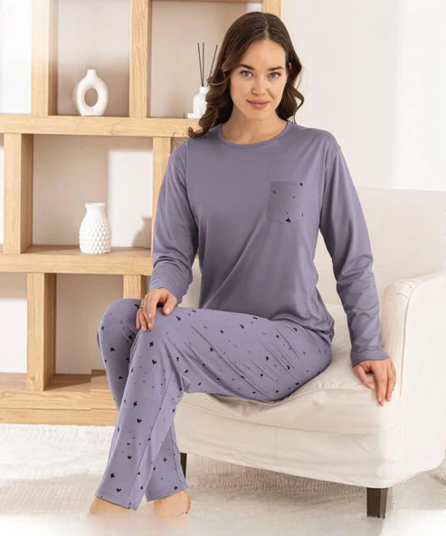 Pijamoni Kadın Milan Bisiklet Yaka Uzun Kol İNCE Pijama Takımı 7575/2 - 1 Adet  S - M Lila ürün görseli 1