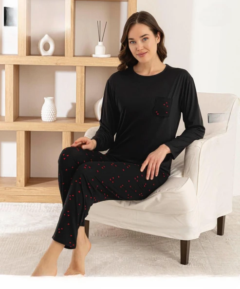Pijamoni Kadın Milan Bisiklet Yaka Uzun Kol İNCE Pijama Takımı 7575/4 - 1 Adet  Siyah S - M ürün görseli 1