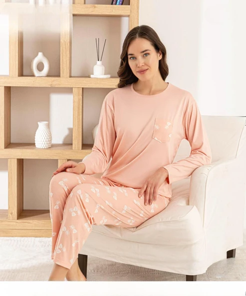 Pijamoni Kadın Milan Bisiklet Yaka Uzun Kol İNCE Pijama Takımı 7575/8 - 1 Adet  2XL Yavruağzı ürün görseli 1
