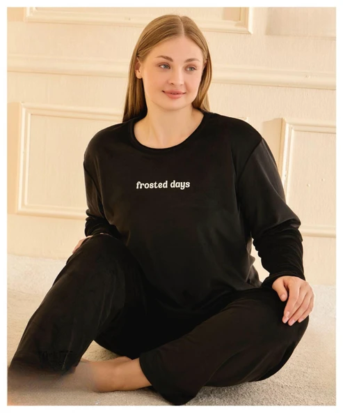 Mihra Kadın Kışlık Bisiklet Yaka Kadife Battal Pijama Takımı 13213S - 1 Adet  4XL Siyah ürün görseli 1