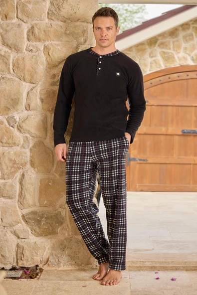 Pijamoni Erkek Düğme Yaka Kışlık Polar Pijama Takımı 6100/17- 1 Adet  Siyah M ürün görseli 1