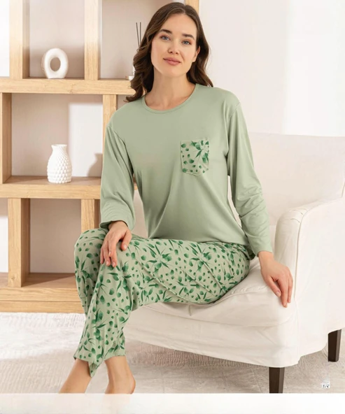 Pijamoni Kadın Milan Bisiklet Yaka Uzun Kol İNCE Pijama Takımı 7575/5 - 1 Adet  Yeşil 2XL ürün görseli 1