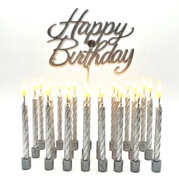 Gümüş Happy Birthday 10lu Burgulu Mum ürün görseli 1