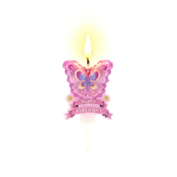 Pembe Kelebek Happy Birthday Çiçekli Mum 1 Adet ürün görseli 1