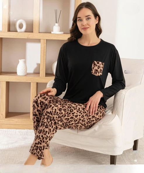 Pijamoni Kadın Milan Bisiklet Yaka Uzun Kol İNCE Pijama Takımı 7575/6 - 1 Adet  XL Siyah ürün görseli 1