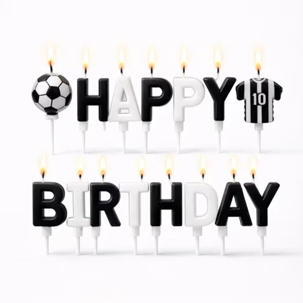 Taraftar Temalı Futbol Topu Happy Birthday Siyah Beyaz Mum Set ürün görseli 1