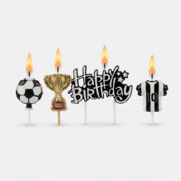 Taraftar Temalı Siyah Beyaz Happy Birthday Kupa Şekilli Mum Set ürün görseli 1