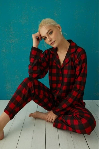 Pijamoni Kadın Süet Boydan Düğmeli Pijama Takımı - 5660-1  L Kırmızı ürün görseli 1