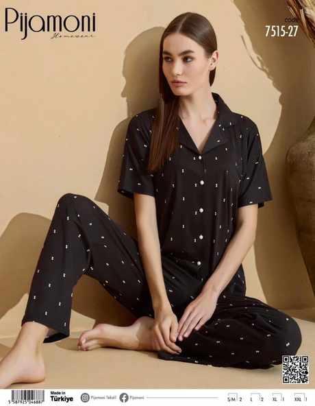 Pijamoni Kadın Kısa Kol Boydan Düğmeli Slim Fit Pijama Takımı  - 7515-27  Siyah 2XL ürün görseli 1