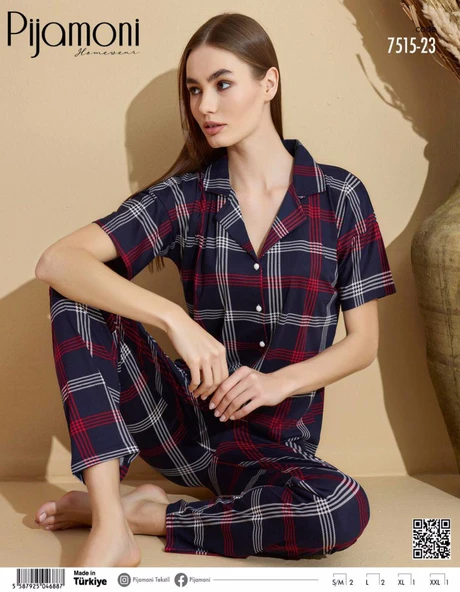 Pijamoni Kadın Kısa Kol Boydan Düğmeli Slim Fit Pijama Takımı  - 7515-23  Lacivert 2XL ürün görseli 1