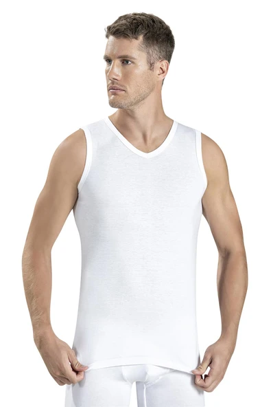 Jiber Erkek V Yaka Sıfır Kol Pamuklu Fanila Atlet 123 - 12 Adet  Beyaz 2XL ürün görseli 1