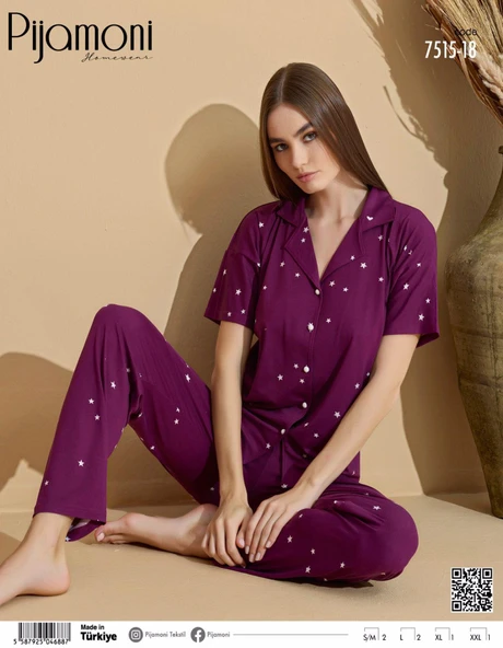 Pijamoni Kadın Kısa Kol Boydan Düğmeli Pijama Takımı - 7515-18  S - M Mürdüm ürün görseli 1