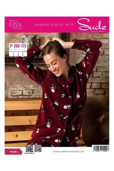 Sude Kadın Gömlek Önden Düğmeli Polar Desenli Pijama Takımı P200/173 - 1 Adet  Bordo S ürün görseli 1