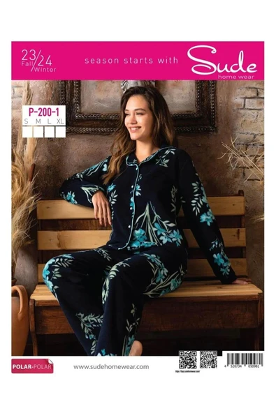 Sude Kadın Gömlek Önden Düğmeli Polar Desenli Pijama Takımı P200/1- 1 Adet  M Lacivert ürün görseli 1